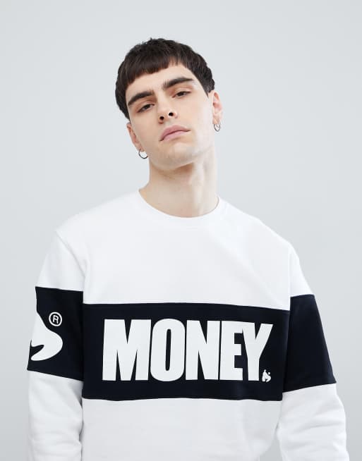Money - Biały sweter z okrągłym dekoltem i wstawkami