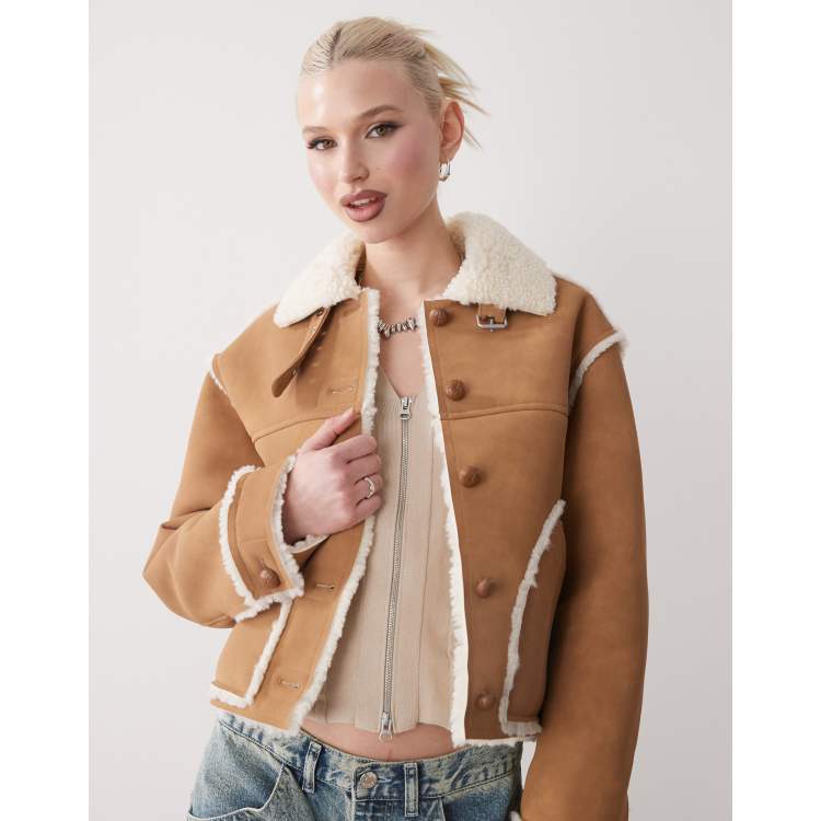 Moni suede aviator jacket with shearling trim and collar in