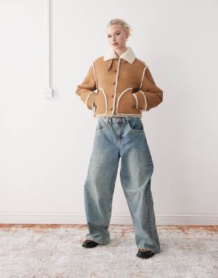 MONKI MONI SUEDE AVIATOR JACKET WITH SHEARLING TRIM AND COLLAR 