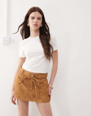 Monk western faux suede low waist mini skirt with tie waist detail in tan-Brown