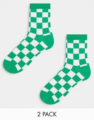 Monki 2 pack checkerboard ankle socks in green