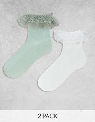 2 pack frill ankle socks in white and green-Brown