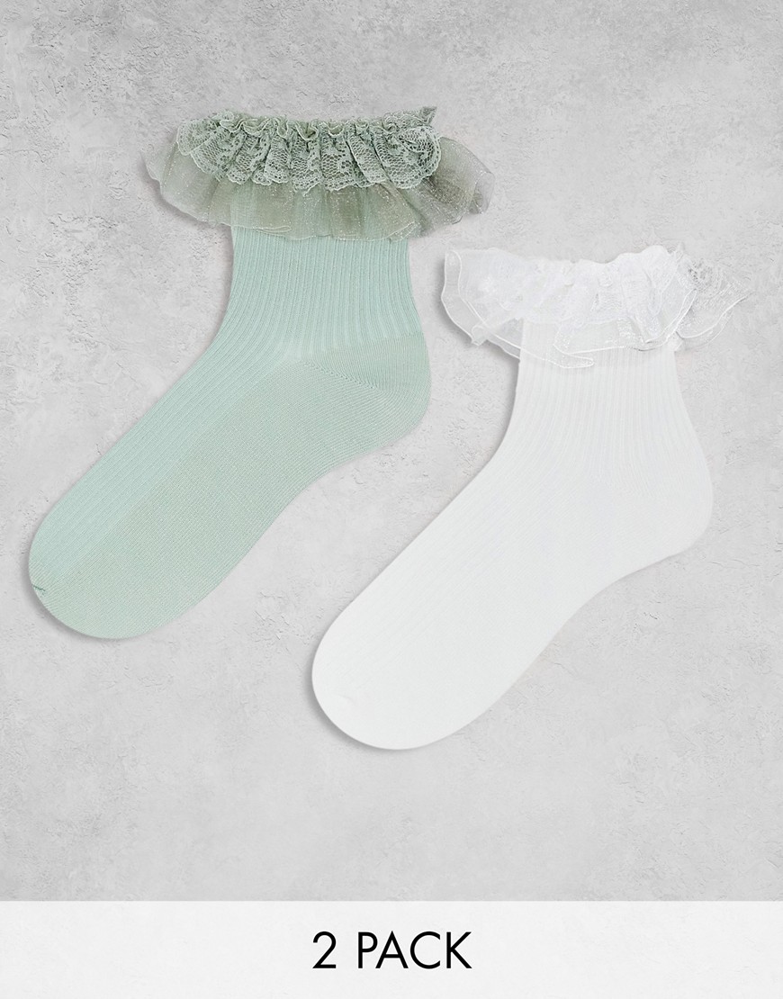 Monki 2 pack frill ankle socks in white and green-Brown
