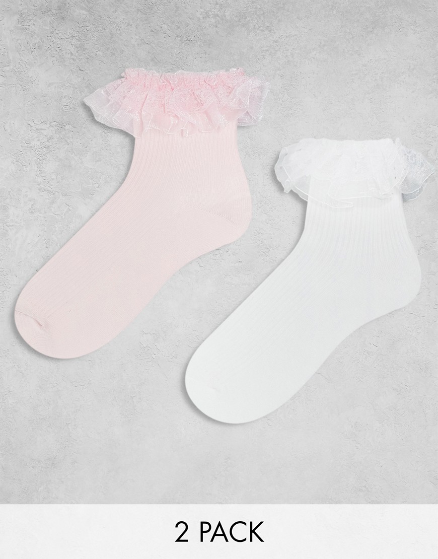 Monki 2 Pack Frill Ankle Socks In White And Pink