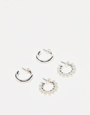 Monki 2 pack hoop earrings in silver