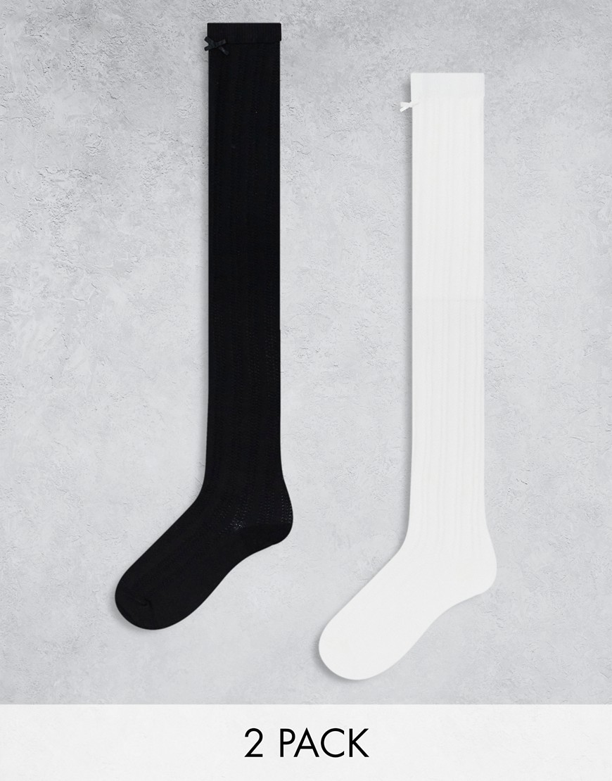 Monki 2 pack knee high pellerine socks in white and black-Multi
