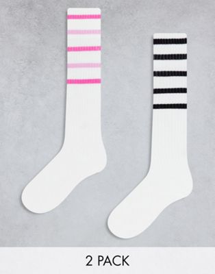 2 pack knee high socks with stripes in white