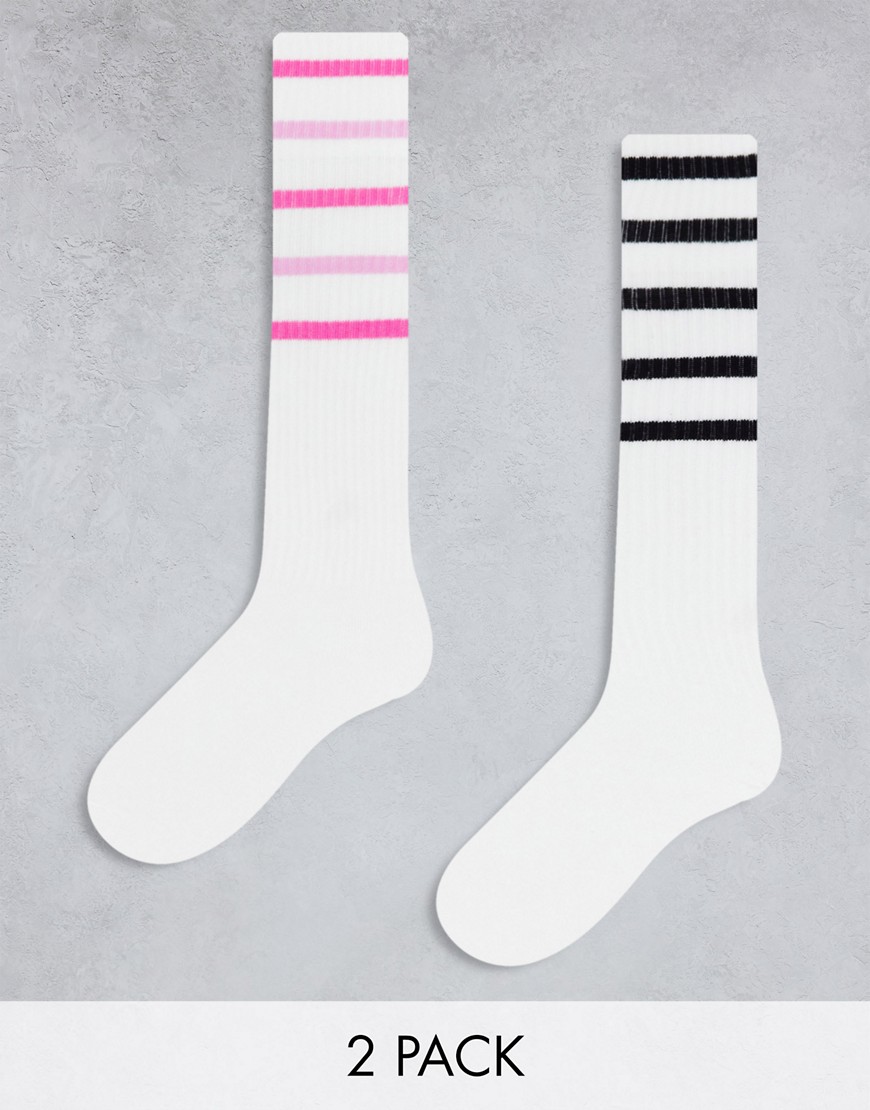 Monki 2 pack knee high socks with stripes in white