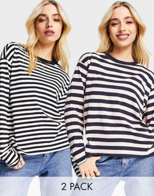 Monki 2 pack cotton long sleeve top in black and pink stripe - BLACK