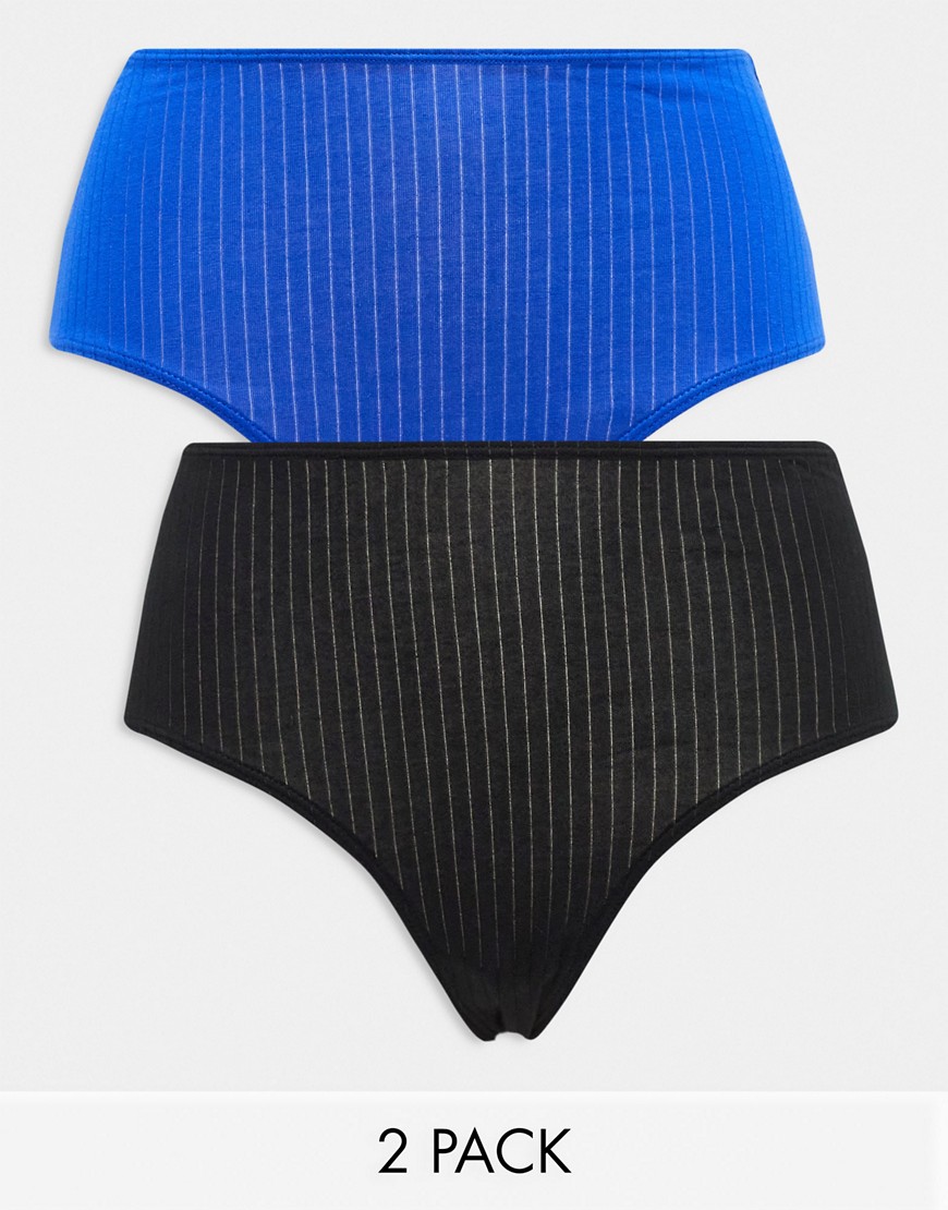 Monki 2 pack ribbed high waist briefs in black and blue-Multi
