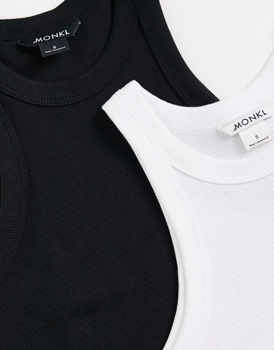 Monki 2 pack ribbed racer vests in black and white