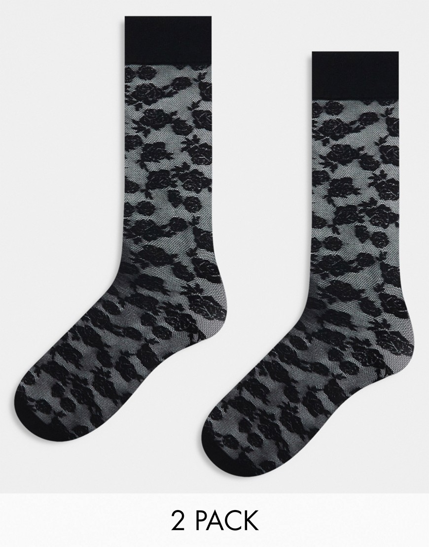 Monki 2 pack rose patterned knee high socks in black and white-Multi