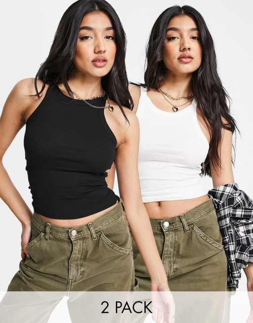 Monki 2 pack tank top in black and white