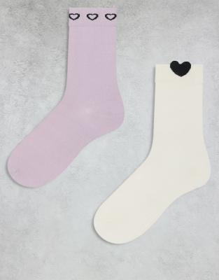 Monki - 2er-Pack Crew-Socken in Rosa und Wollweiß mit Herzdetails-Bunt