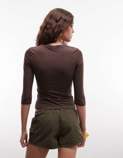 Monki 3/4 sleeve top in brown, 4 of 4