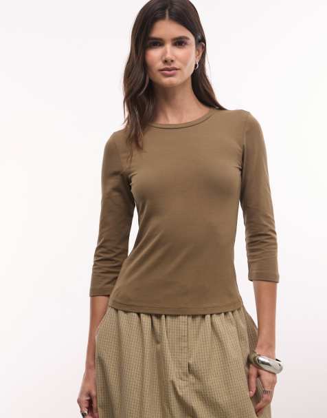 Monki 3/4 sleeve top in khaki - view 1