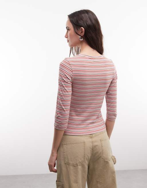 Monki 3/4 sleeve top in pink stripe, 3 of 4