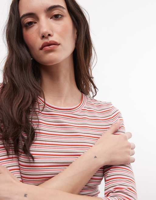 Monki 3/4 sleeve top in pink stripe, 4 of 4
