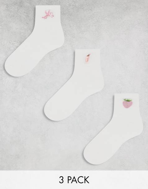 Monki 3-pack ankle socks in white with pink embroidery designs - view 1