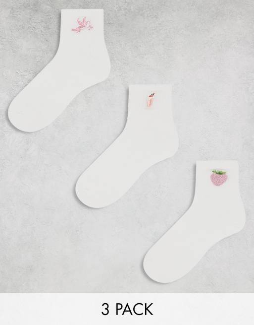 Monki 3-pack ankle socks in white with pink embroidery designs