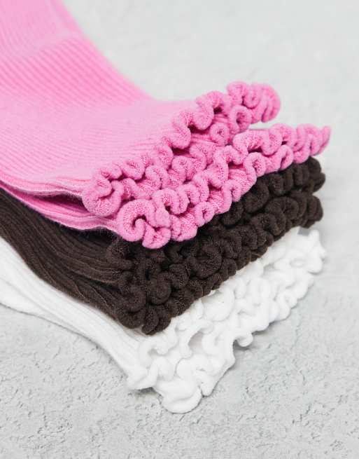 Monki 3 pack ankle socks with frill edge in white, pink and brown, 3 of 3