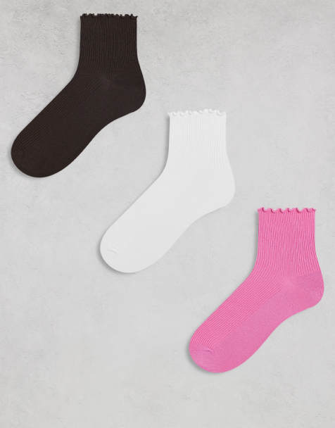 Monki 3 pack ankle socks with frill edges in white, pink and brown - view 1