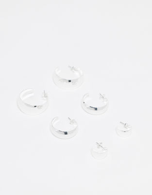Monki 3 pack chunky wide hoops in silver | ASOS