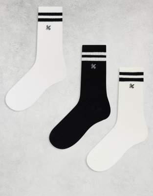 Monki Monki 3 pack crew sock with stripe in black and white multi