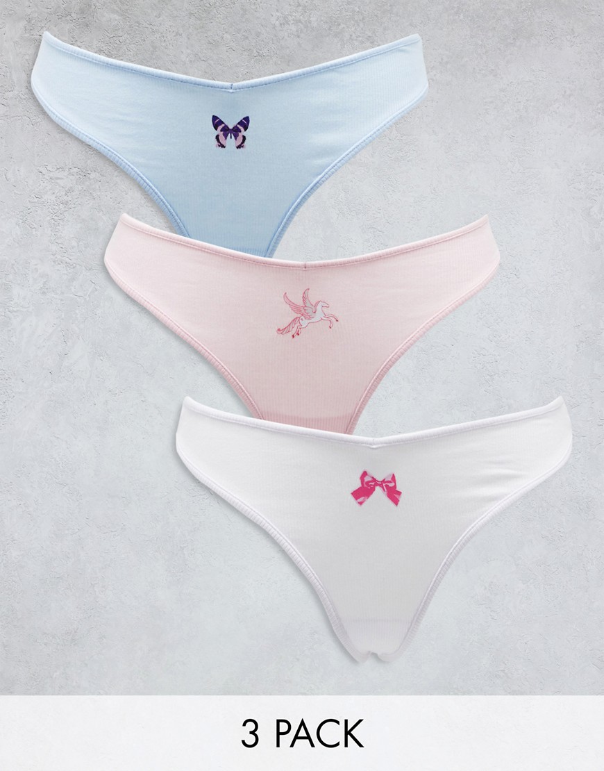 Monki 3 pack embriodery thong in pink, blue and white multi