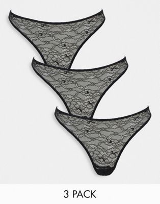Monki 3 pack lace thongs in black