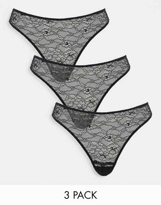 Monki 3 pack lace thongs in black