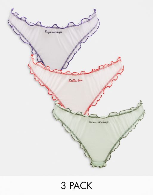 Monki 3 pack mesh lingerie thong in lilac, green and pink multi
