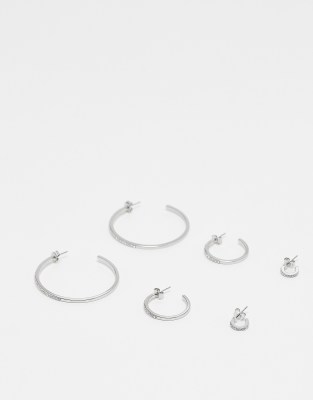 Monki Monki 3 pack multiple size silver hoops with crystals in silver