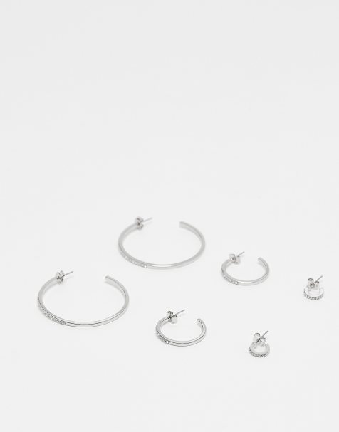 Monki 3 pack multiple size silver hoops with crystals in silver - view 1