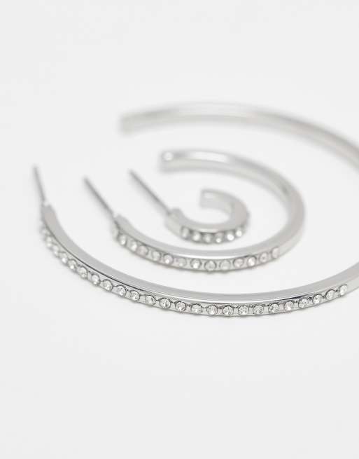 Monki pack multiple size silver hoops with crystals in silver ASOS