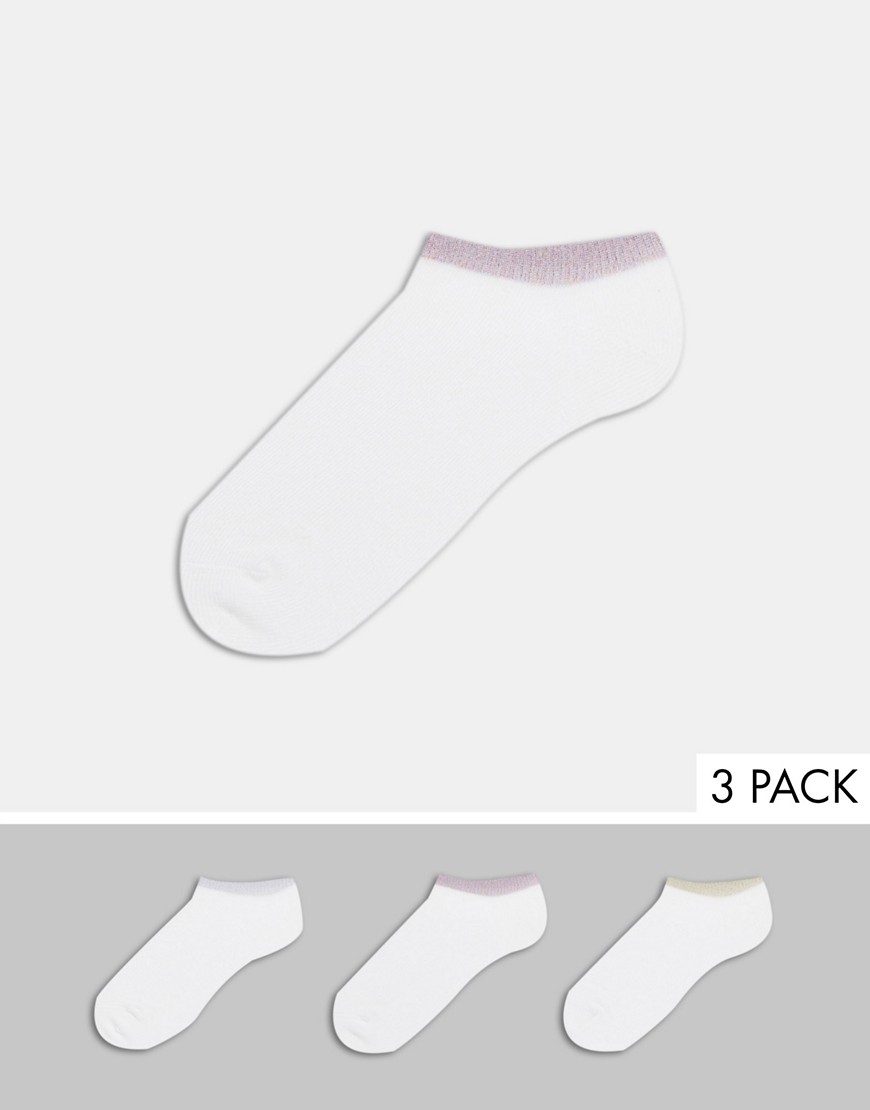 Monki 3 pack organic blend cotton glitter trim sneaker sock in white