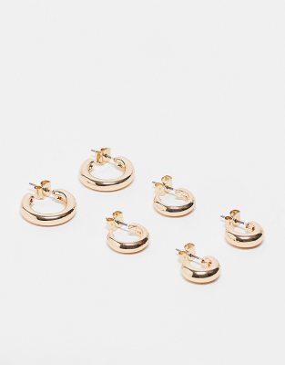 Monki 3 pack tube hoop earrings in gold