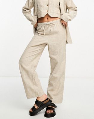 Monki 3 piece co-ord linen trousers in beige