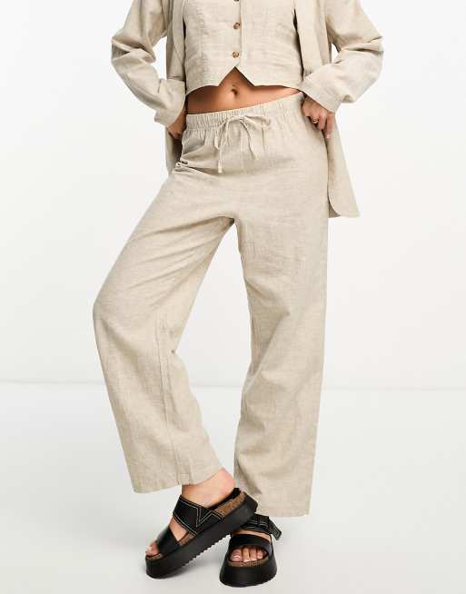 Monki 3 piece co ord linen trousers in beige