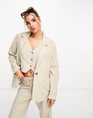 3 piece linen blazer in beige - part of a three piece set-Neutral