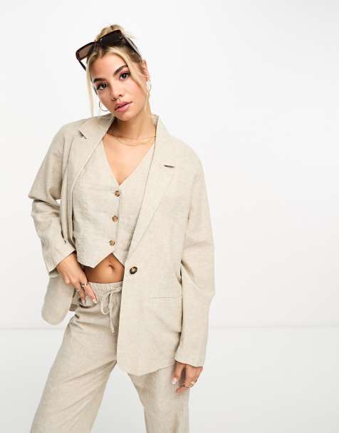 Monki 3 piece linen blazer in beige - part of a three piece set - view 1