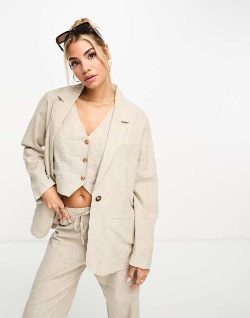 Monki 3 piece linen blazer, vest and pants set | ASOS