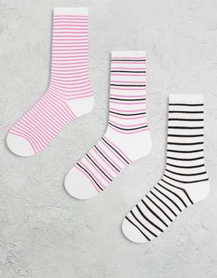 Monki - 3er-Pack gestreifte Knöchelsocken in Rosa und anderen Farben