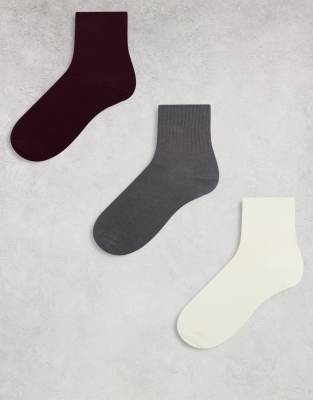 Monki - 3er-Pack Knöchelsocken in Creme, Grau und Burgunderrot-Bunt