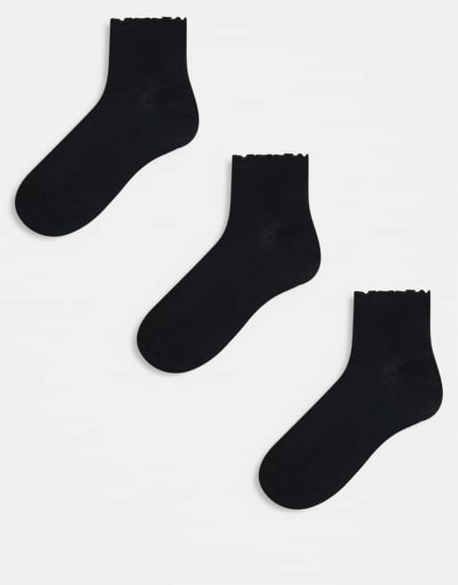 Monki – 3er-Pack Knöchelsocken in Schwarz mit Rüschenkante