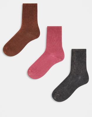 Monki - 3er-Pack Sportsocken in Rosa, Schwarz und Braun-Bunt