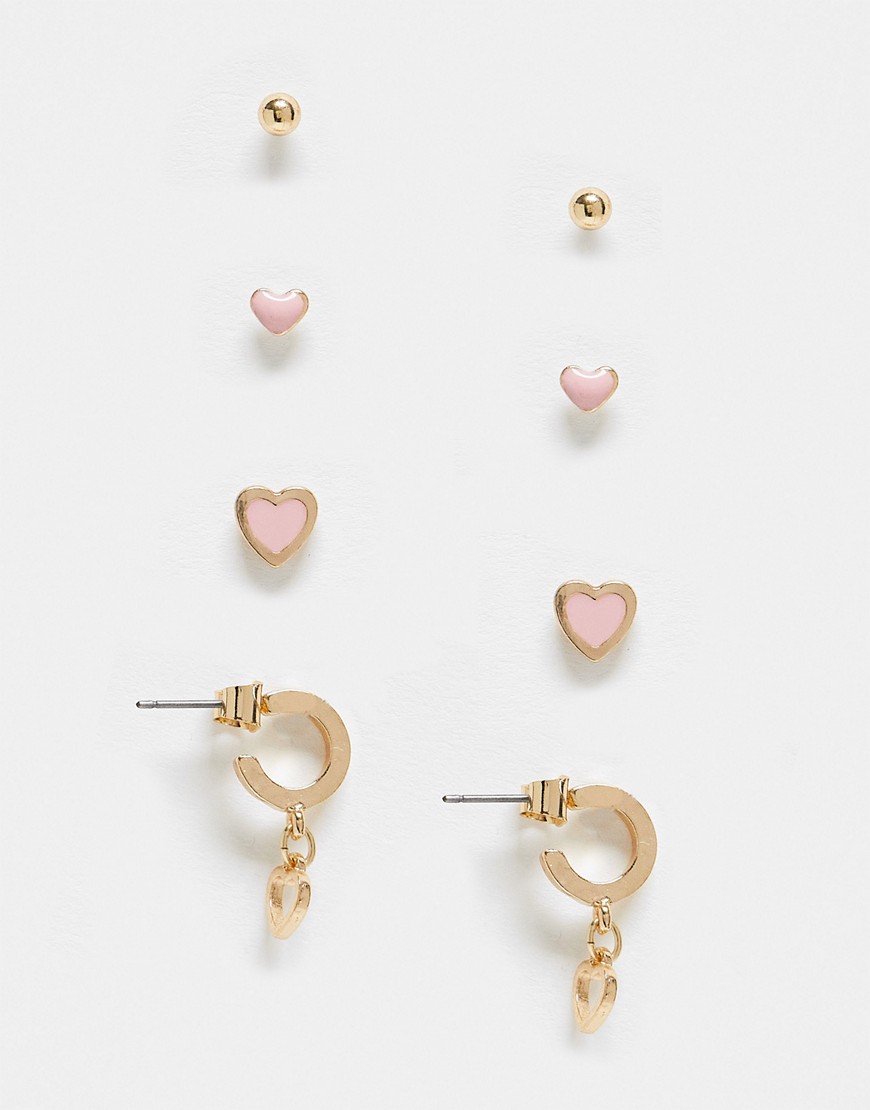 Monki 4-pack stud and hoop heart earrings in gold and pink-Multi