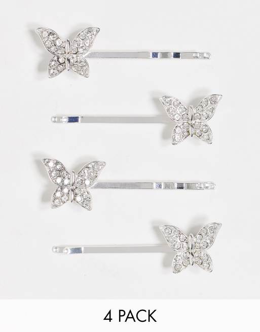 Monki – 4er-Pack schmetterlingsförmige Haarspangen in Silber mit Strassbesatz