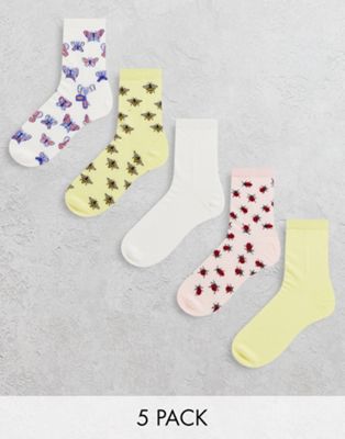 Monki 5 pack bug and butterfly ankle socks in multi