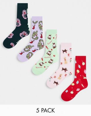 Monki 5 pack christmas print socks in multi coloured